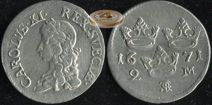 Швеция. 2 марки. 1671 (VF. Серебро)