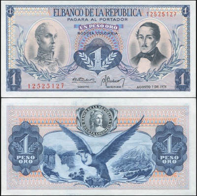 Колумбия Банкнота 1 песо оро 07.08.1974 Unc Бумага Кат# P.404e