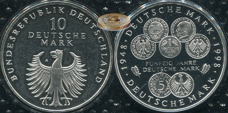 Германия (ФРГ). 10 марок. 1998 A (Proof. Серебро)