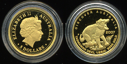 Австралия. 5 долларов. Тасманский Дьявол. 2007 (Proof. Золото) 