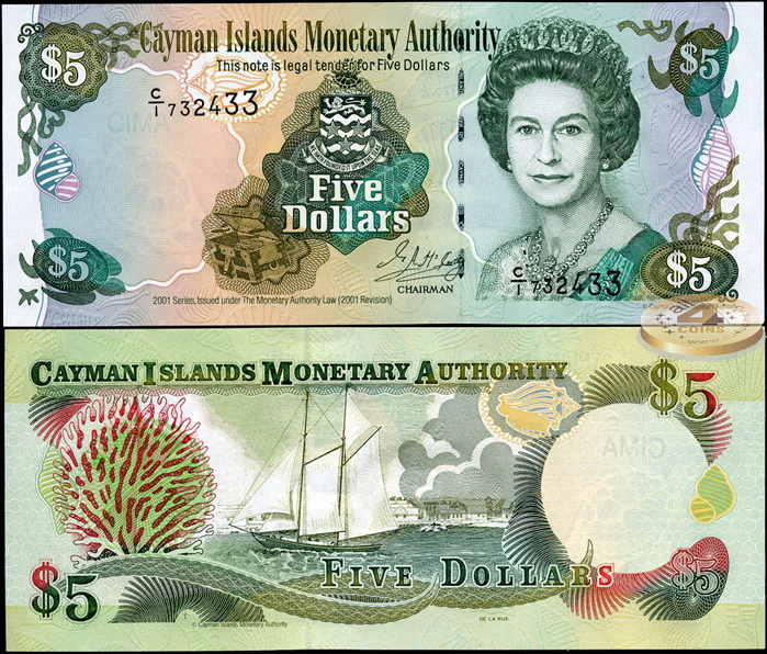 Каймановы о-ва. 5 долларов (Unc) 2001