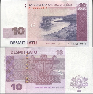Латвия. Банкнота 10 латов. 2008. Unc. Бумага. Кат# P.54a