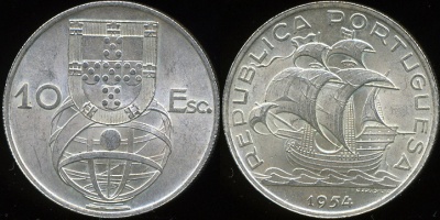 Португалия. 10 эскудо. 1954 (Серебро)
