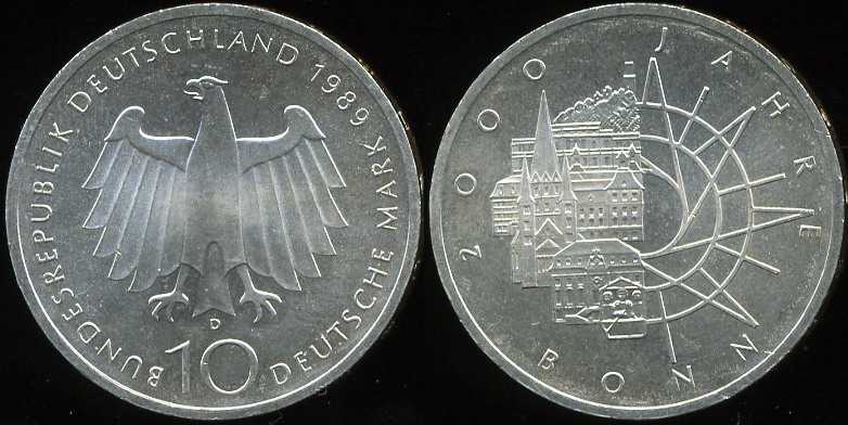 Германия [ФРГ]. 10 марок. 1989.D (Unc. Серебро)