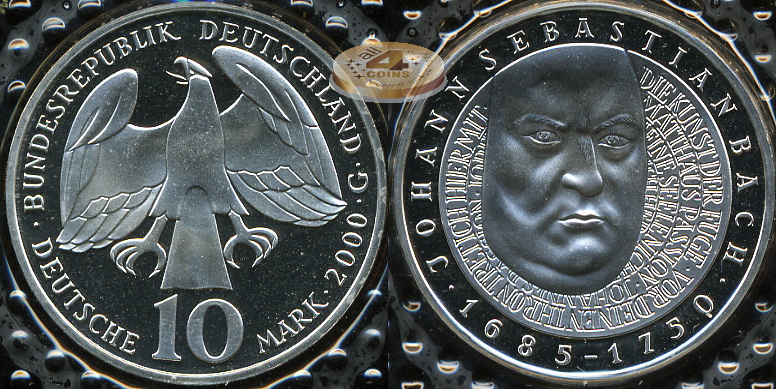Германия (ФРГ). 10 марок. 2000 G (Proof. Серебро)