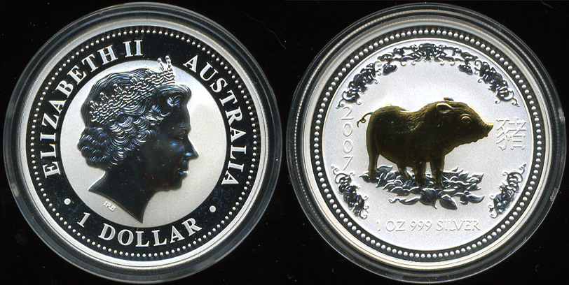 Австралия. 1 доллар. Год Свиньи. 2007 (Серебро с позолотой)