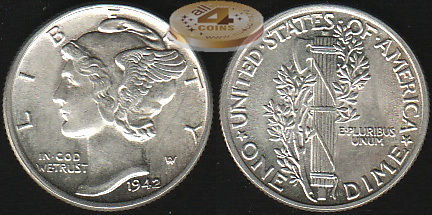 США. 10 центов (Дайм). 1942 (BU++. Серебро)