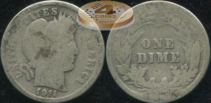 США. 10 центов (Дайм). 1911 (G/AG. Серебро)