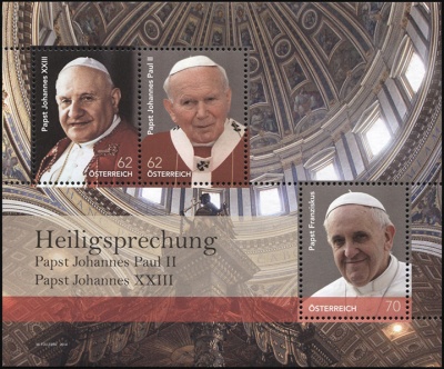 Австрия. 2014. Канонизация Папы Иоанна XXIII и Папы Иоанна Павла II (Блок. MNH OG)
