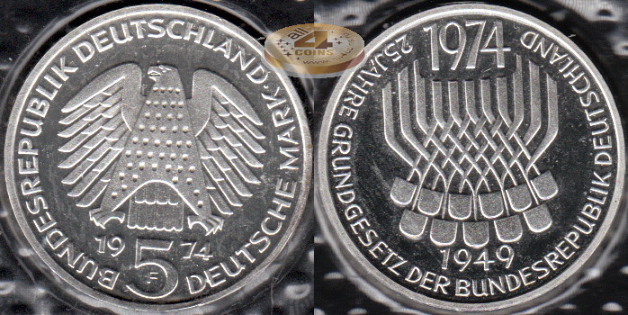 Германия (ФРГ). 5 марок. 1974 F (Proof. Серебро)
