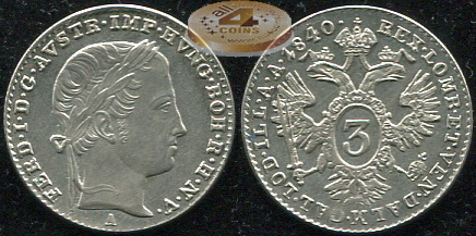 Австрия (Австрийская имп.). 3 крейцера. 1840 A (aUnc++. Серебро)