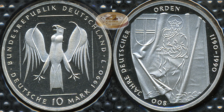 Германия (ФРГ). 10 марок. 1990 J (Proof. Серебро)