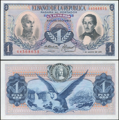 Колумбия Банкнота 1 песо оро 07.08.1973 Unc Бумага Кат# P.404e