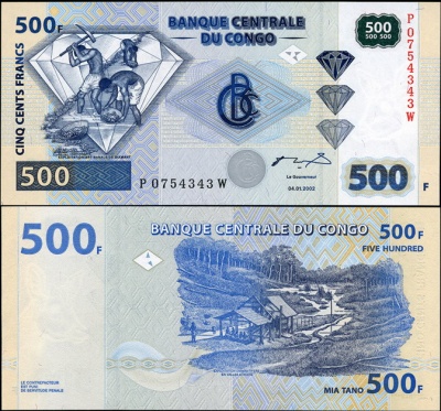 Конго. Банкнота 500 франков. 04.01.2002. Unc. Бумага. Кат.# P.96a