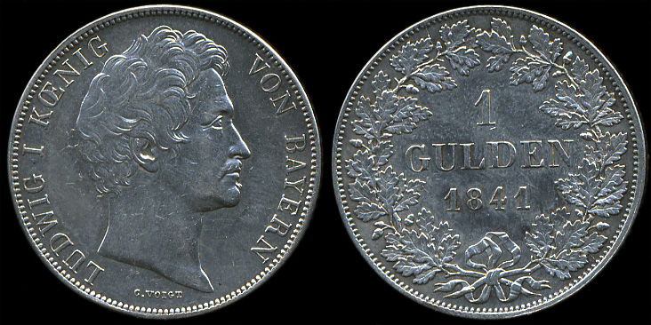 Германия (Бавария). 1 гульден.1841 (Unc. Серебро)