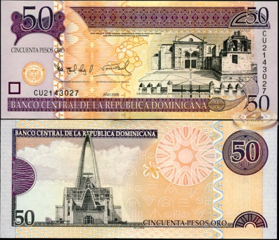 Доминиканская республика. Банкнота 50 песо оро. 2008. Unc. Бумага. Кат.# P.176b