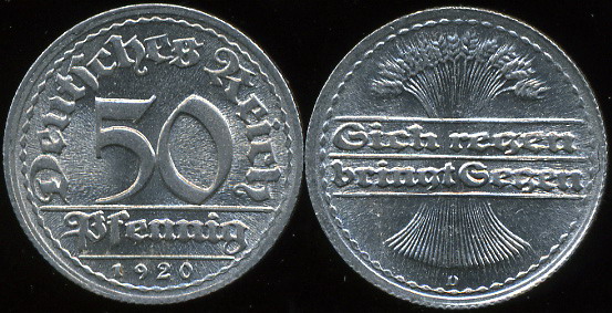Германия (Веймарская республика). 50 пфеннигов. 1920.D (Unc)