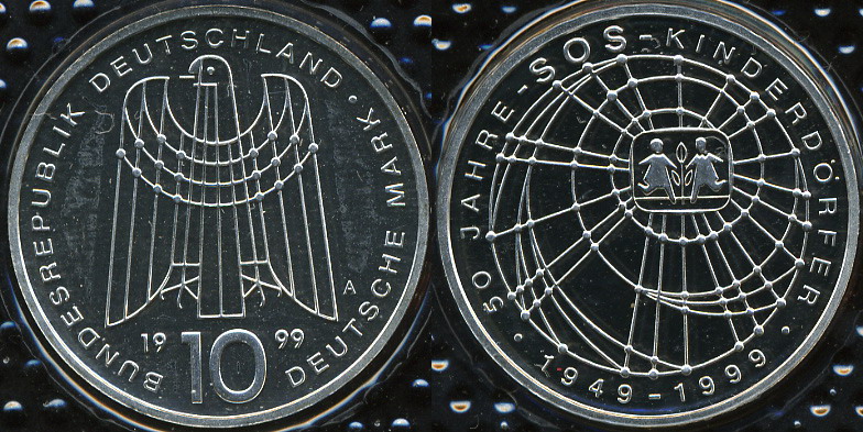 Германия (ФРГ). 10 марок. 1999 (A) (Proof. Серебро)