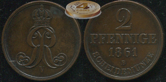 Германия (Ганновер). 2 пфеннига. 1861.В (XF/VF+)