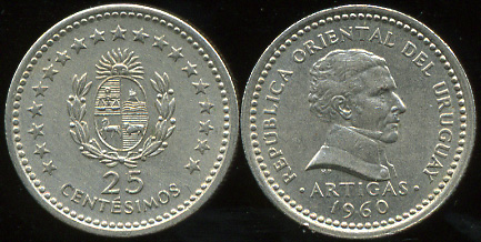 Уругвай. 25 сентезимо. 1960