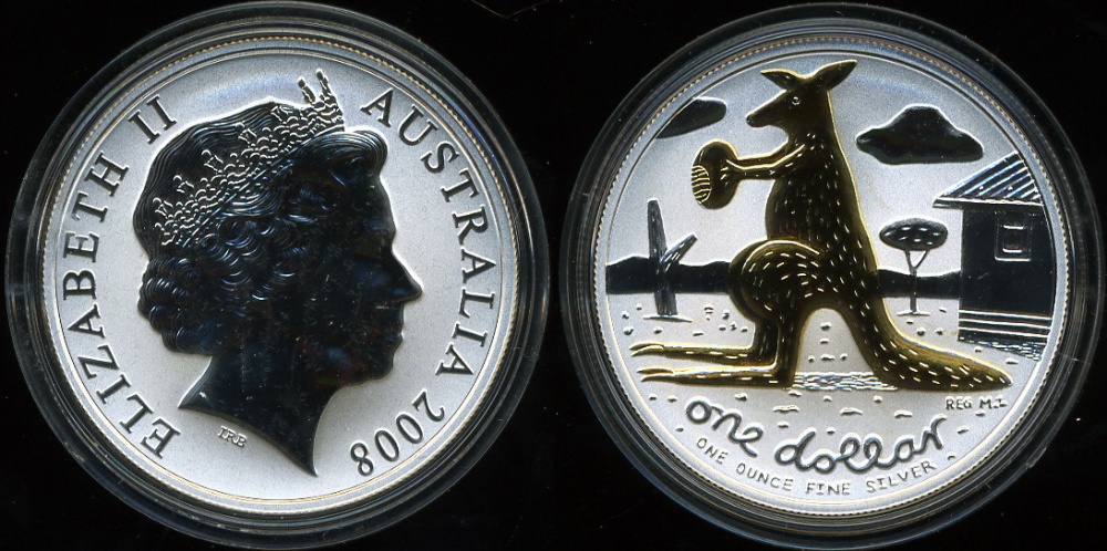 Австралия. 1 доллар. 2008 (Frosted Unc. Серебро. Позолота)