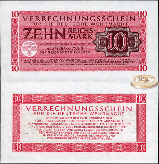 Германия (3й рейх. Вермахт). 10 рейхсмарок (Unc) 1944