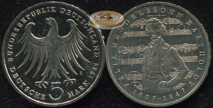 Германия [ФРГ]. 5 марок. 1984.J (Unc)