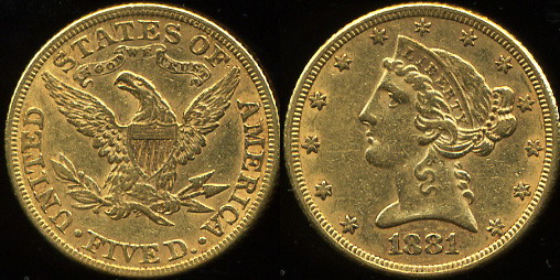 США. 5 долларов. 1881 (XF-.Золото) 