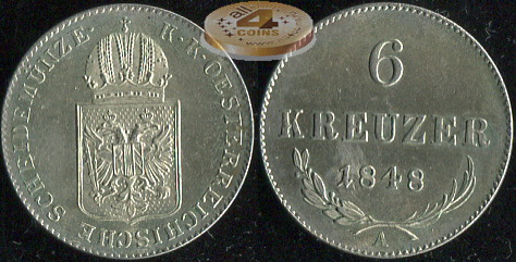 Австрийская империя. 6 крейцеров. 1848A (Unc. Серебро)