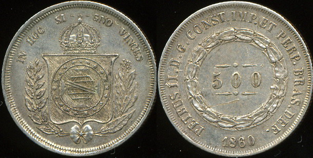 Бразилия. 500 рейс. 1860 (Unc. Серебро)