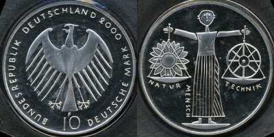 Германия (ФРГ). 10 марок. 2000 (F) (Proof. Серебро)