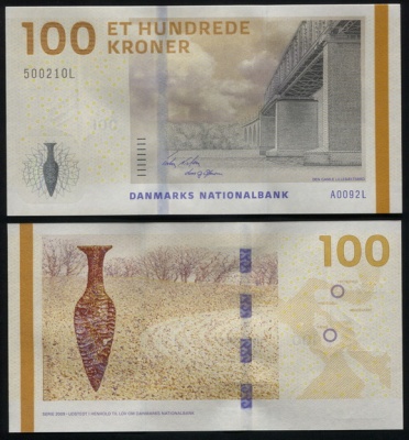 Дания. Банкнота 100 крон. (20)09. Unc. Бумага. Кат.# P.66a Sign2