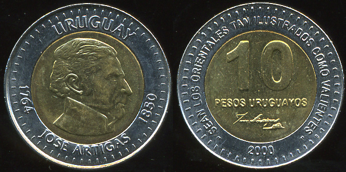 Уругвай. 10 песо. 2000. (Биметалл)