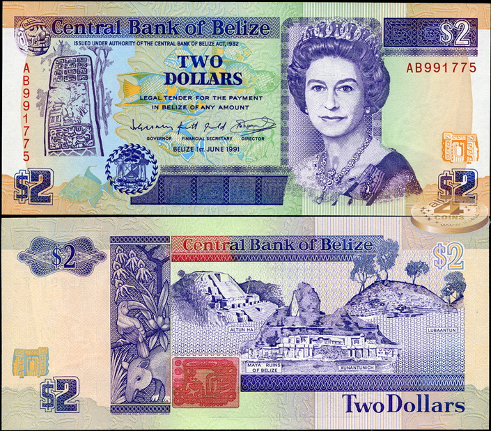 Белиз. 2 доллара (Unc) 1991