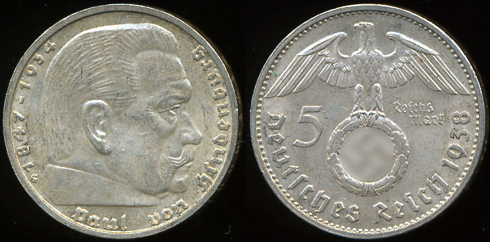 Германия (3й рейх). 5 рейхсмарок. 1938(G) (aUnc)