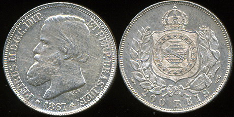 Бразилия. 200 рейс. 1867 (Unc-. Серебро)