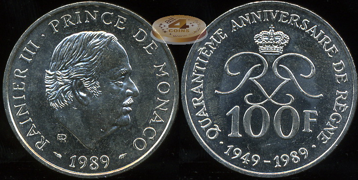 Монако. 100 франков. 1989 (Unc. Серебро)