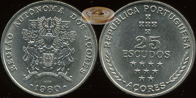 Азорские о-ва. 25 эскудо. 1980 (Unc)