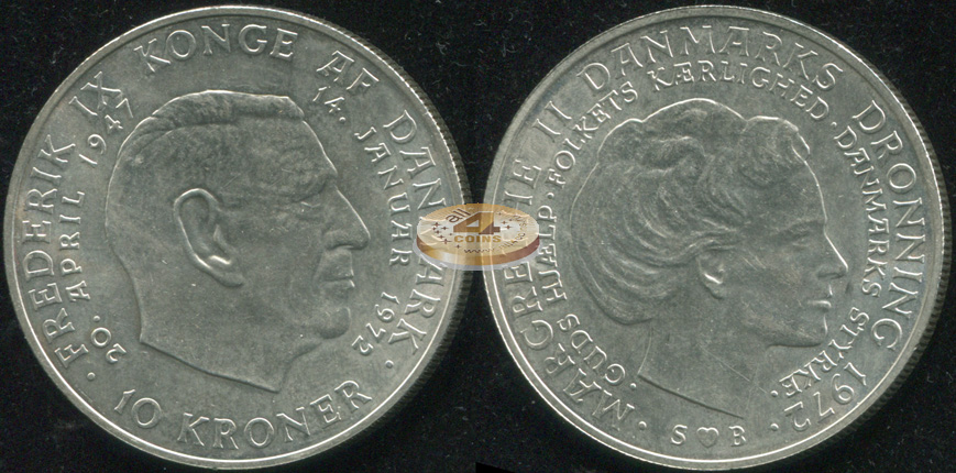 Дания. 10 крон. 1972 (Unc. Серебро)