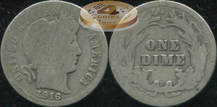 США. 10 центов (Дайм). 1916 (AG. Серебро)