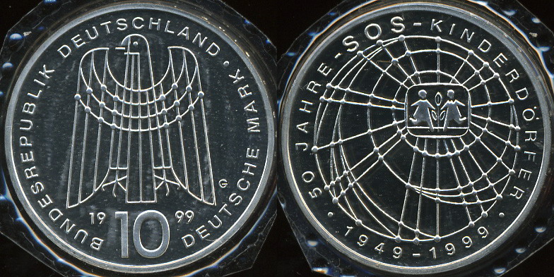 Германия (ФРГ). 10 марок. 1999 (G) (Proof. Серебро)