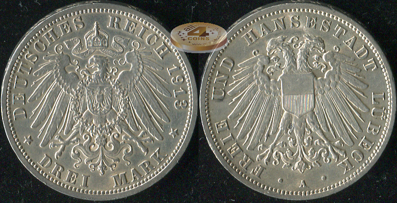 Германия (Любек). 3 марки. 1913.A (XF++. Серебро)
