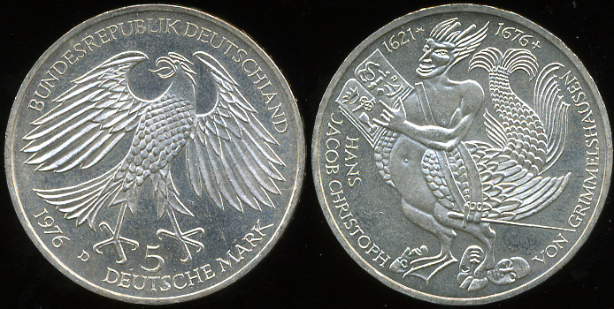 Германия [ФРГ]. 5 марок. 1976.D (Unc. Серебро)