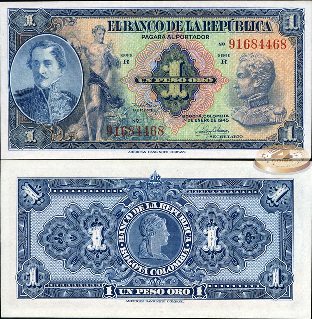 Колумбия. 1 песо оро (Unc) 1945