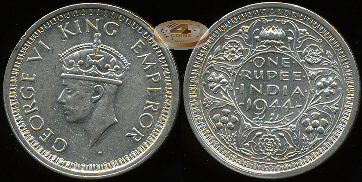Британская Индия. 1 рупия. 1944 (aUnc. Серебро)