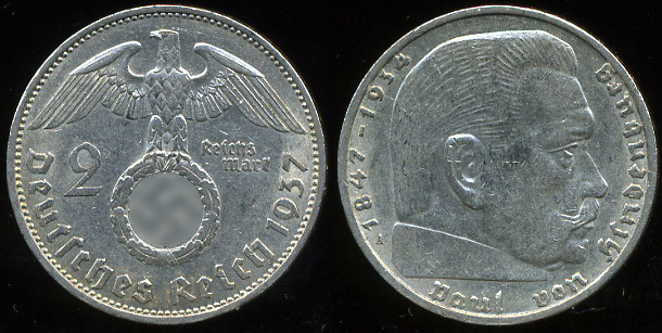 Германия (3й рейх). 2 марки. 1937 (XF+. Серебро)