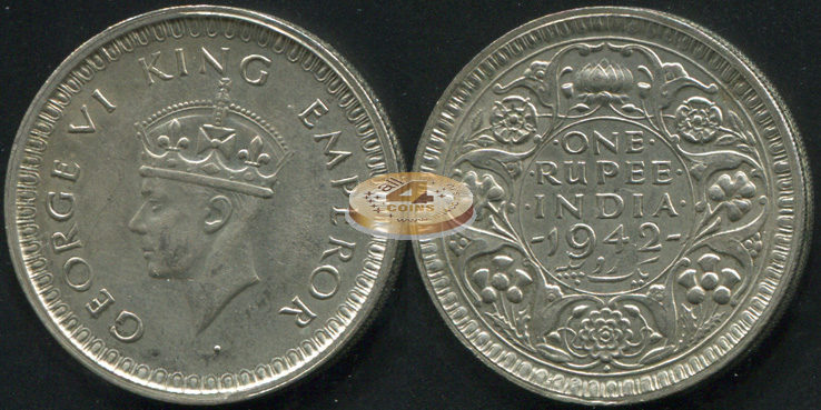 Британская Индия. 1 рупия. 1942 (aUnc/XF+. Серебро)