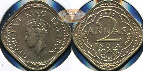 Британская Индия. 2 анна. 1943 (aXF)