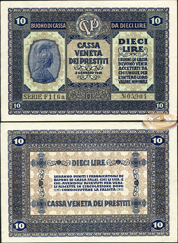 Италия. 10 лир (aUnc++) 1918