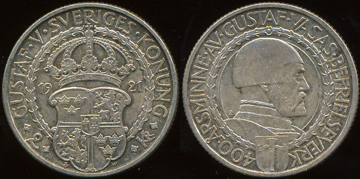 Швеция. 2 кроны. 1921 W (aUnc. Серебро)